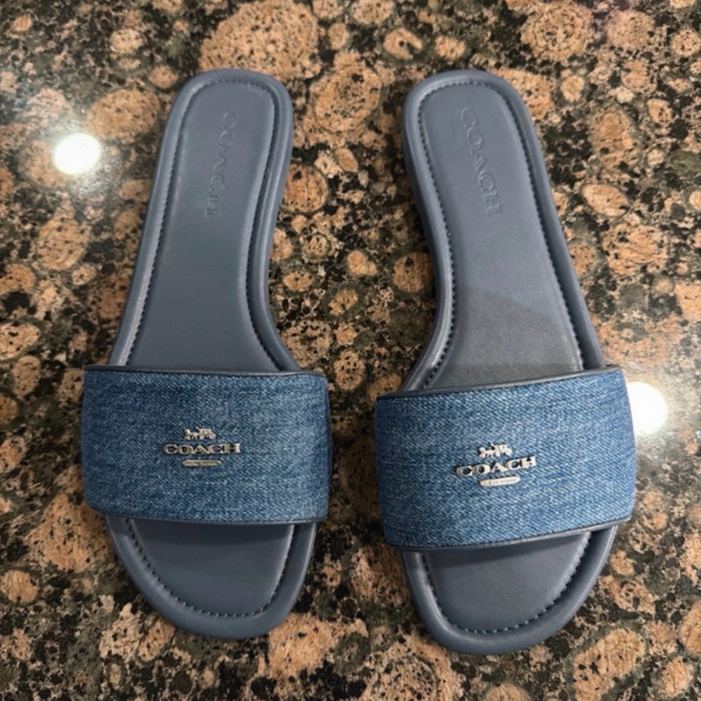 Coach Blue Denim Slide Sandals with silver Logo sz 8